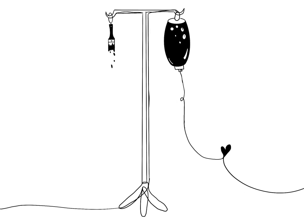 Black and white line drawing. An IV bag is hung on a stand, the drip trails out and loops into a heart shape before disappearing off the page. On the other side of the drip stand is a paintbrush hung up and dripping.